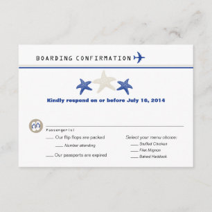 Tan Royal Blue Starfish Boarding Pass UAWG RSVP Karte