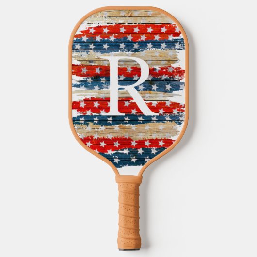 Tan Rustic American Flag Monogram Pickleball Schläger (Vorderseite)