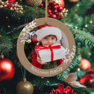 Tan Rustic Circle Foto Schneeflocken Keramik Ornament