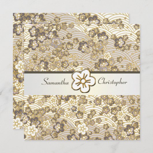 Tan Sakura Chirimen Hochzeit Einladung (Vorne/Hinten)