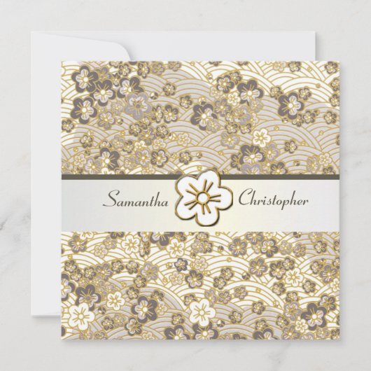 Tan Sakura Chirimen Hochzeit Einladung (Vorderseite)