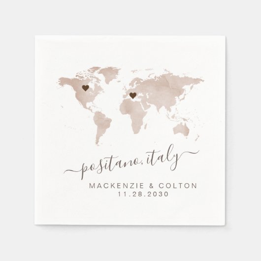Tan Sepia Brown World MapMoveable Hearts Wedding Serviette (Vorderseite)