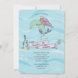 Tan Skin Lila Meerjungfrau mit Dolphin Geburtstag Einladung