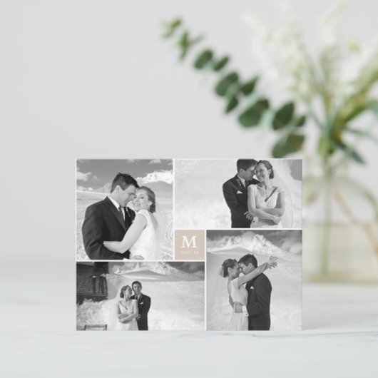 Tan Square Monogram 4 Foto Wedding Danke Postkarte (Stehend Vorderseite)