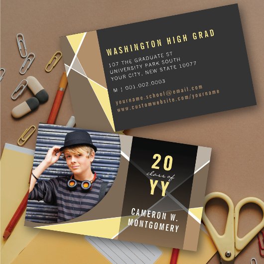 Tan Stylish Geometric Lines Mod Foto Graduate Telefonnummerkarte