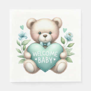 TAN TEDDY BEBEN MIT PASTEL GRÜNES HERZ SERVIETTE