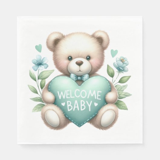 TAN TEDDY BEBEN MIT PASTEL GRÜNES HERZ SERVIETTE (Vorderseite)