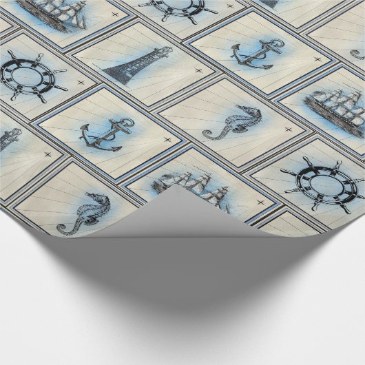 TAN und blaue SeeSeepferde und Leuchttürme Geschenkpapier (Ecke)