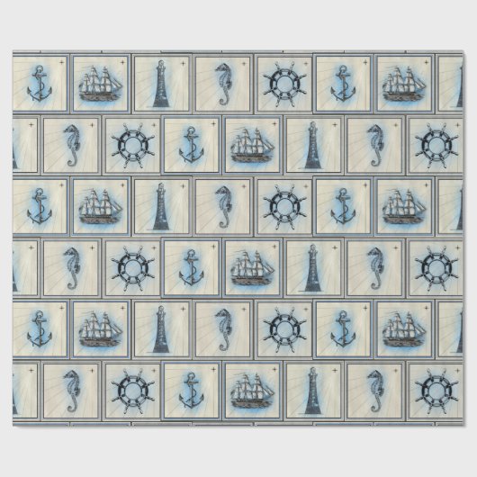 TAN und blaue SeeSeepferde und Leuchttürme Geschenkpapier (Flach)