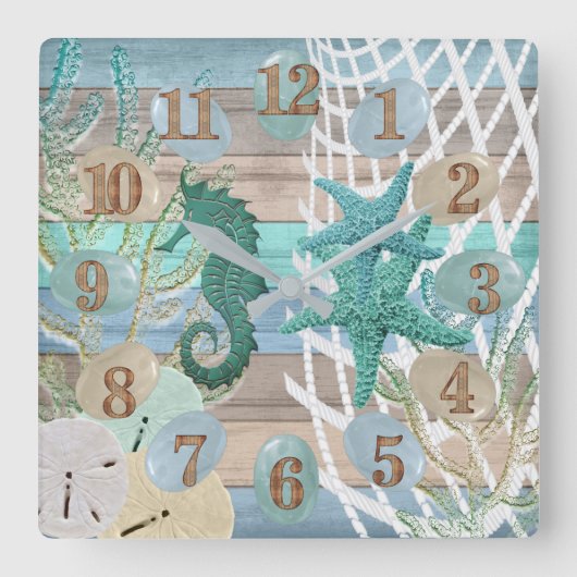 Tan und Blue Beach Wood nautical Quadratische Wanduhr (Vorderseite)