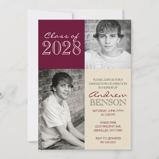 Tan und Burgundy 2 Foto Abschluss Einladung (Vorderseite)