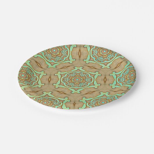 Tan und Türkis Arabesque Pappteller (Schrägansicht)