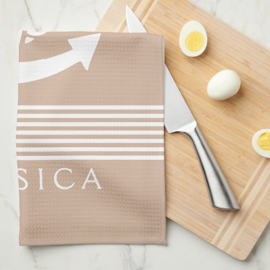 Tan und weiße Streifen mit Nautikanker Küchentuch (Viertel Falte)