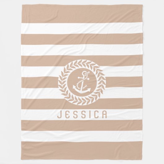 Tan und weiße Streifen mit weißem Nautikanker Fleecedecke (Vorderseite)