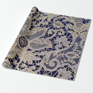 Tan Vintag Lace on Navy Geschenkpapier
