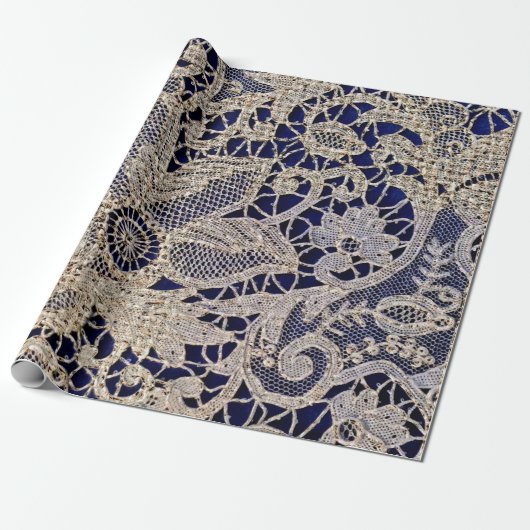 Tan Vintag Lace on Navy Geschenkpapier (Ungerollt)