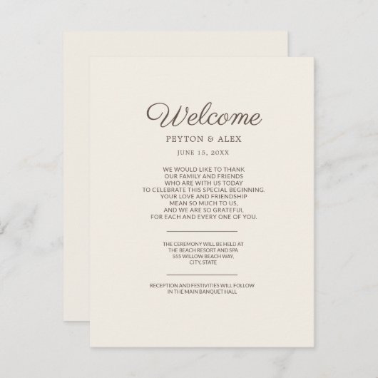 Tan Wedding Guest Welcome Begleitkarte (Vorne/Hinten)