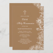 Tan White Floral First Heilige Kommunion Einladung (Vorne/Hinten)