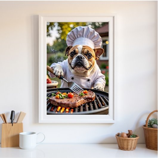 Tan White French Bulldog Grilling Koch Poster