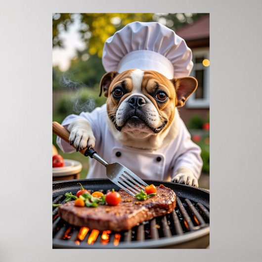 Tan White French Bulldog Grilling Koch Poster (Vorne)