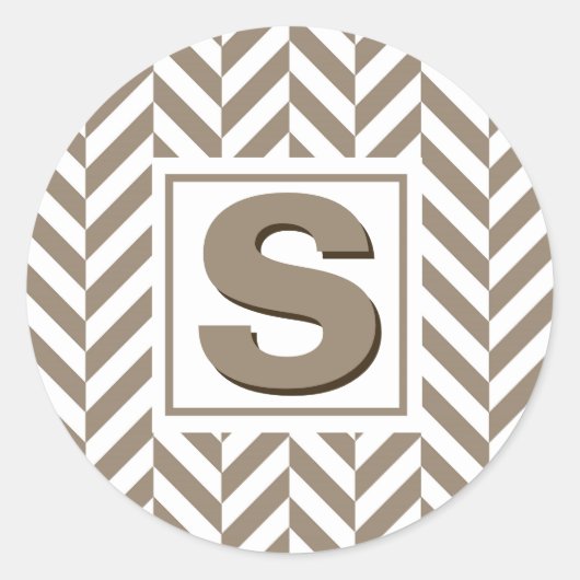 Tan White Herringbone Monogram Runder Aufkleber (Vorderseite)