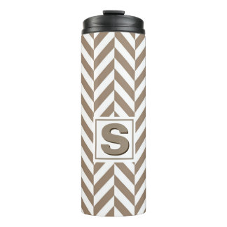Tan White Herringbone Monogram Thermosbecher