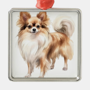 TAN & WHITE LANGE HAIRED CHIHUAHUA HUND ORNAMENT AUS METALL