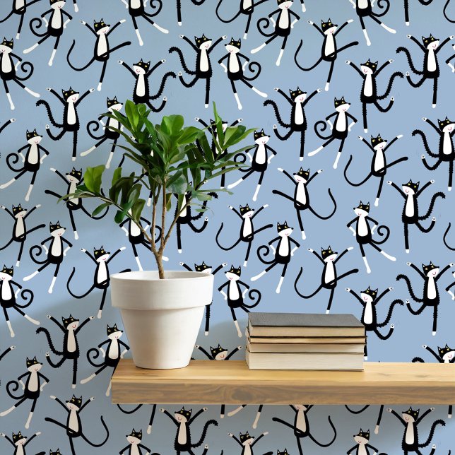 Tancing Cat Pattern Blau Tapete (Fun black and white tuxedo cat pattern blue peel and stick art wallpaper)