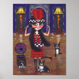 Tancing Flapper Girl Boston Terrier Dog Gramophon Poster