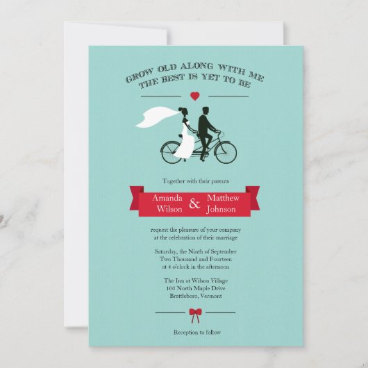 Tandem Bicycle Aqua und Einladungen zu Roten Hochz (Vorderseite)