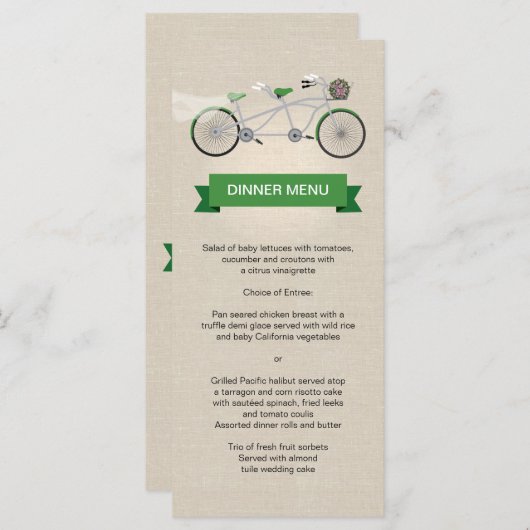 Tandem Bicycle Green Wedding Menu Imitate Linen Menükarte (Vorne/Hinten)