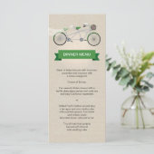 Tandem Bicycle Green Wedding Menu Imitate Linen Menükarte (Stehend Vorderseite)