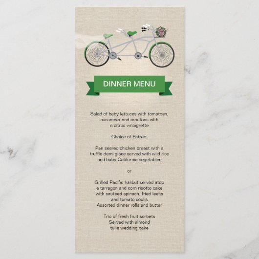 Tandem Bicycle Green Wedding Menu Imitate Linen Menükarte (Vorderseite)