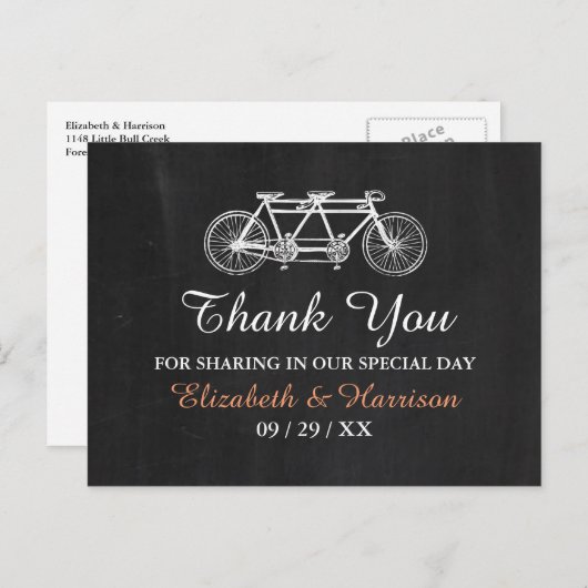 Tandem Bicycle on Chalkboard Wedding Danke Postkarte (Vorne/Hinten)