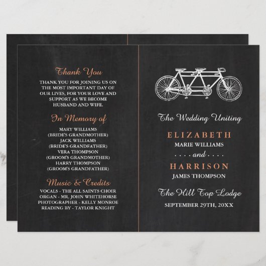 Tandem Bicycle on Chalkboard Wedding Program (Vorne/Hinten)