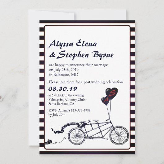 Tandem Bicycle Romantische Post Hochzeit Empfang Einladung (Vorderseite)
