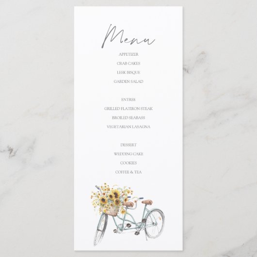 Tandem Bicycle Rustikale Sonnenblume Wasserfarbenh Menükarte (Vorderseite)