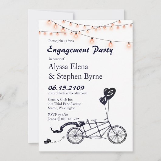 Tandem Bicycle String Lights Engagement Party Einladung (Vorderseite)