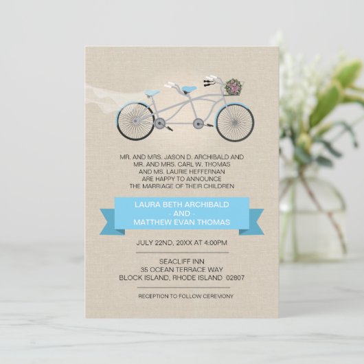 Tandem Bicycle Wedding Imitate Linen Einladung (Stehend Vorderseite)