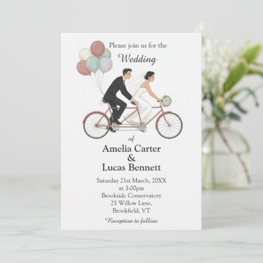 Tandem Bike Wedding Invitation Einladung (Stehend Vorderseite)