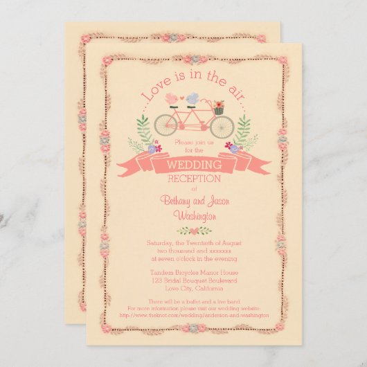 Tandem Bikes, Vögel und Bannerhochzeit Empfang Einladung (Vorne/Hinten)