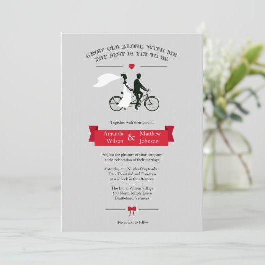 Tandem-Einladungen für graue und rote Hochzeiten Einladung (Stehend Vorderseite)