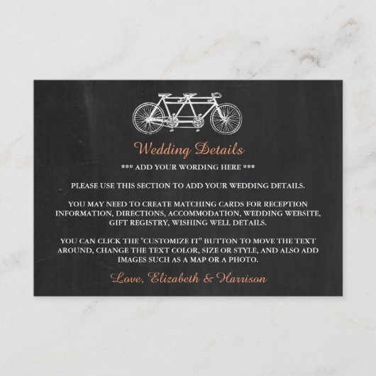 Tandem-Fahrrad auf Kopfbrett Hochzeitsbeilage Begleitkarte (Vorderseite)