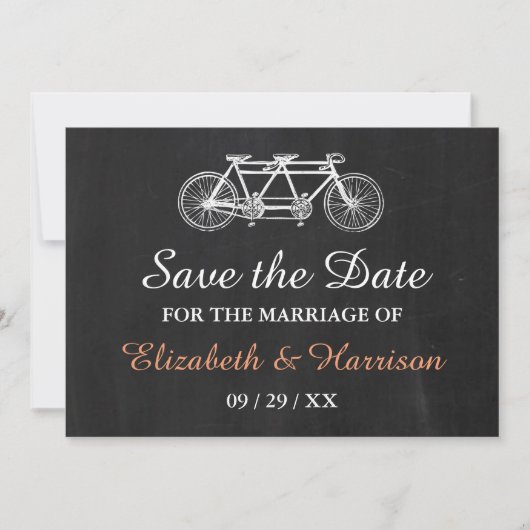 Tandem-Fahrrad-Hochzeit auf der Tafel retten das D Save The Date (Vorderseite)