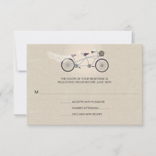 Tandem Plum Bicycle Wedding Imitate Linen UAWG RSVP Karte (Vorderseite)
