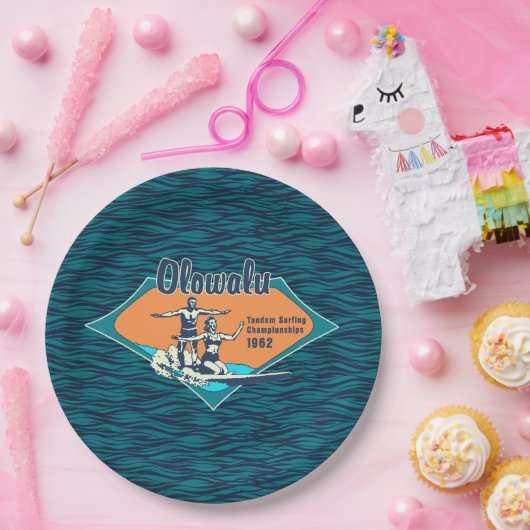 Tandem Surfen Hawaiianisches Vintages Surfdesign Pappteller (Party)