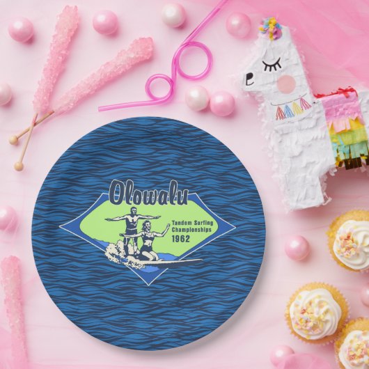 Tandem Surfen Hawaiianisches Vintages Surfdesign Pappteller (Party)