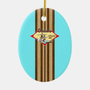 Tandem-Surfing-Hawaiian-Faux-Holz-Surfbrett Keramik Ornament