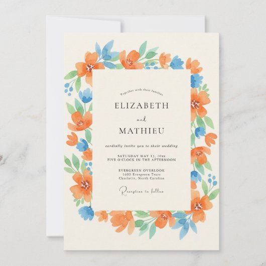 Tangerine Azure Blätterhochzeit Einladung (Vorderseite)