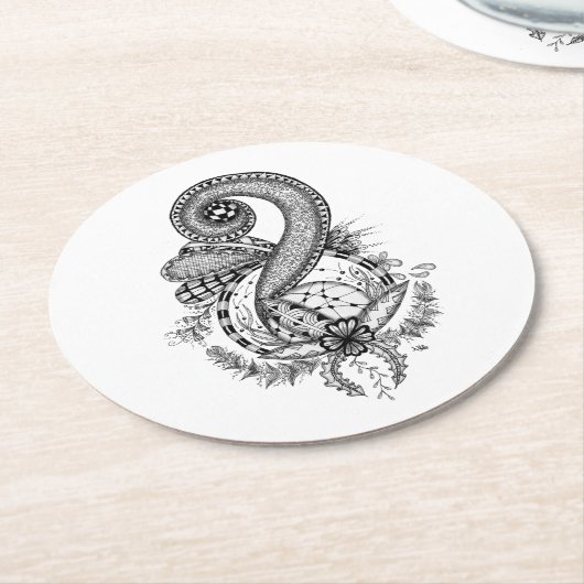 Tangle Art: Florales Motiv -  Runder Pappuntersetzer (Angewinkelt)